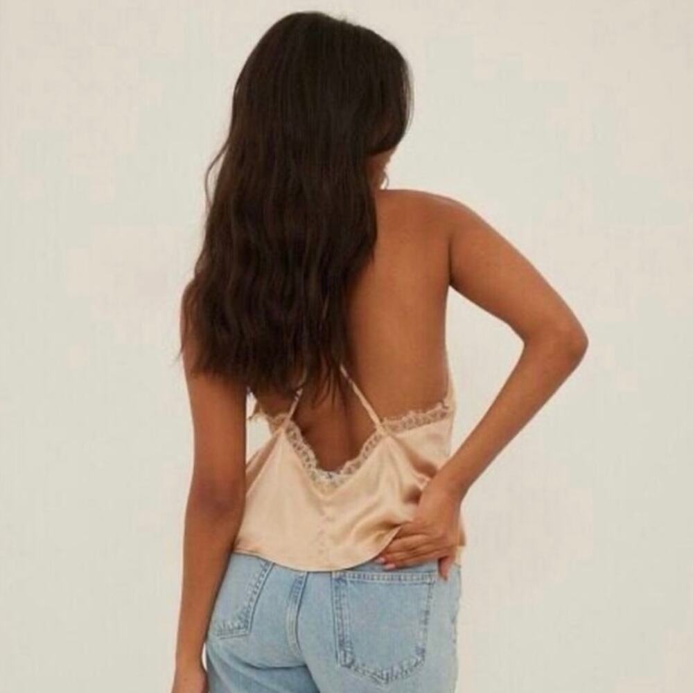 NA-KD Satin Lace Trim Open Back Criss Cross Cami Tank Top Champagne Beige Size M